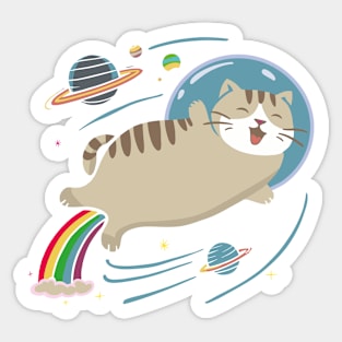 Rainbow-Powered Space Adventure with a Happy Meowgical Cat Sticker